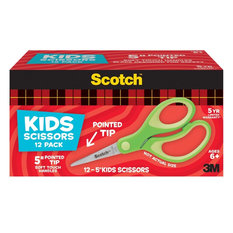 Scotch 5" Soft Touch Pointed Tip Kids Scissors, 12 Count Teacherâ€™s Pack, Green, All-Purpose Scissors for School and Crafts (1442P-12) - Image 1