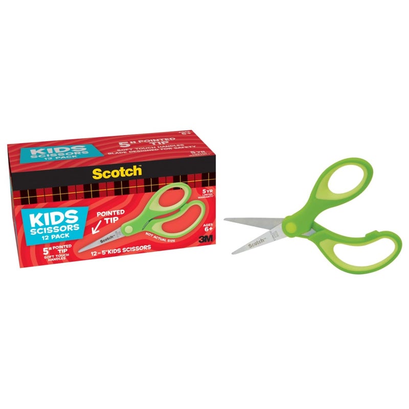 Scotch 5" Soft Touch Pointed Tip Kids Scissors, 12 Count Teacherâ€™s Pack, Green, All-Purpose Scissors for School and Crafts (1442P-12) - Image 2