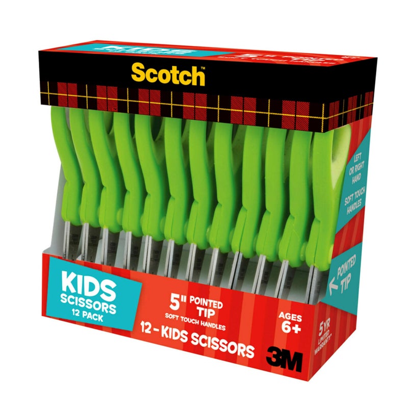 Scotch 5" Soft Touch Pointed Tip Kids Scissors, 12 Count Teacherâ€™s Pack, Green, All-Purpose Scissors for School and Crafts (1442P-12) - Image 4
