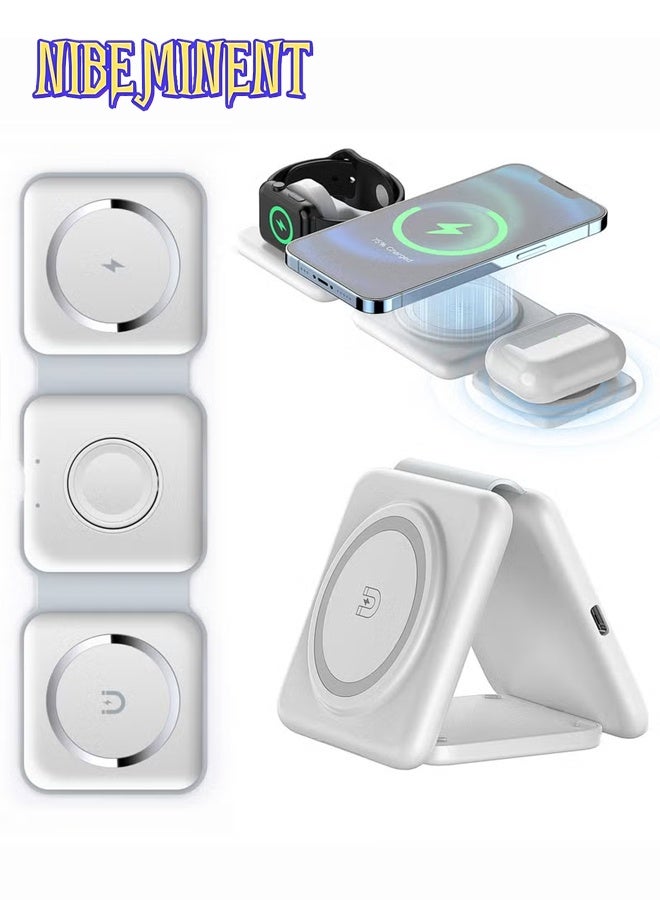 NIBEMINENT 3 in 1 Wireless Charger, Magnetic Foldable Charging Station, Fast Wireless Charging Pad (White) - Image 1