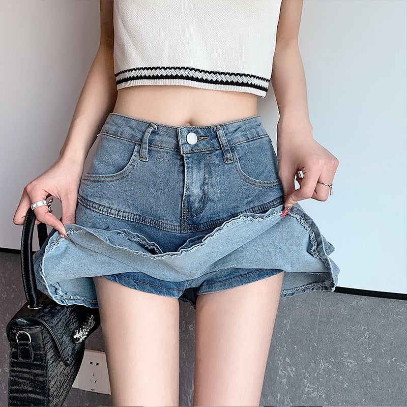 High Waist Ruffled Denim Skirt Women'S Spice Girl Retro Stitching Design Sense Small A- Line Skirt - Image 3