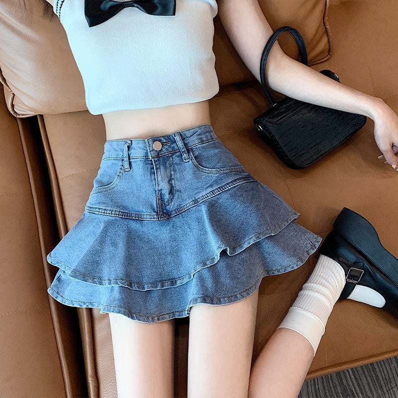 High Waist Ruffled Denim Skirt Women'S Spice Girl Retro Stitching Design Sense Small A- Line Skirt - Image 2