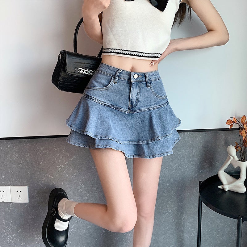 High Waist Ruffled Denim Skirt Women'S Spice Girl Retro Stitching Design Sense Small A- Line Skirt - Image 4