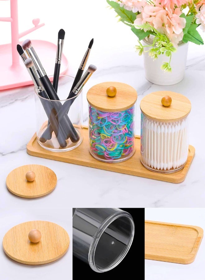 حامل أعواد قطنية في برطمانات الحمام، برطمانات الصيدلية، حامل كرات قطنية من الأكريليك، علب حمام شفافة بأغطية من الخيزران لمسحات القطن وفرشاة القطن (عبوة من 3 برطمانات وصينية واحدة) - Image 3