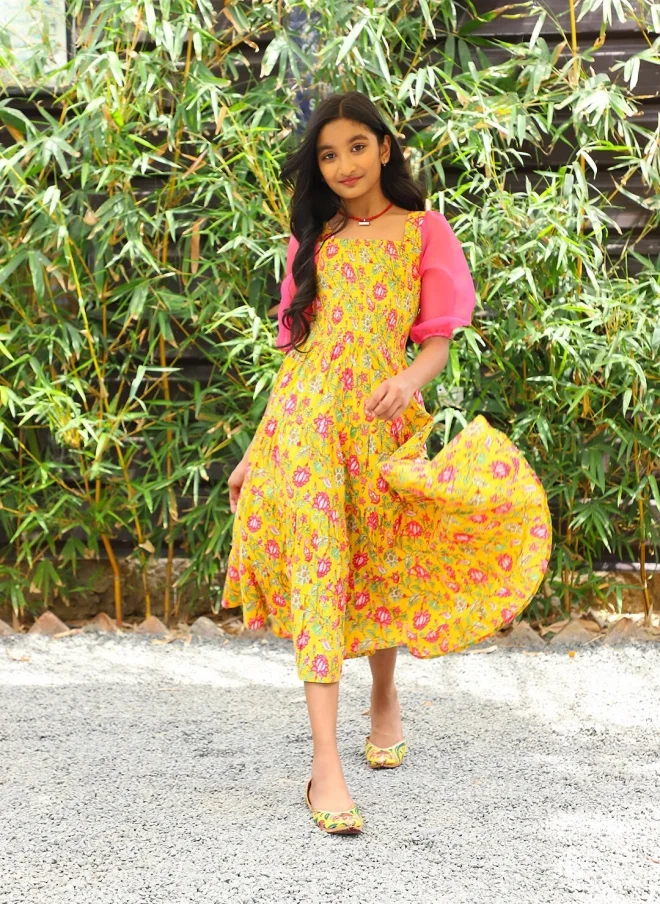 AKS Floral Print Midi Dress for Girls