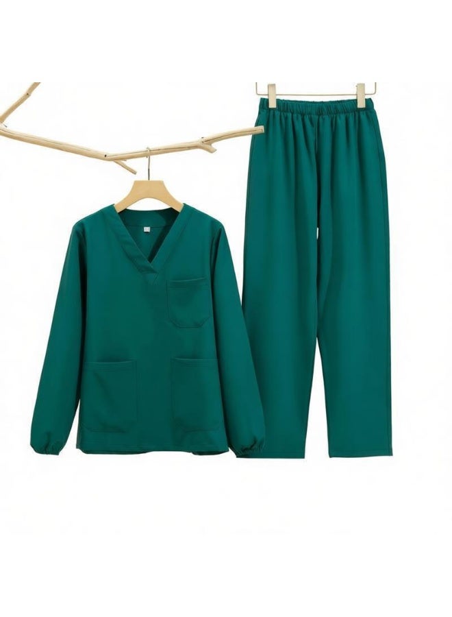 Mens V-Neck Scrubs Set Long Sleeves Top & Pants Soft Fabric Medical Nursing Uniform Dark Green
