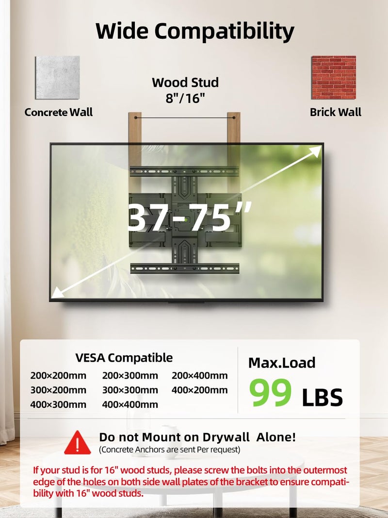 USX MOUNT Ultra Slim TV Wall Mount 37-75 Inch TVs Mount with Swivel and Tilt, Low Profile Full Motion Bracket with Articulating Dual Arms, Up to VESA 400X400 mm Max 16" Wood Studs, Holds 99lbs - Image 2