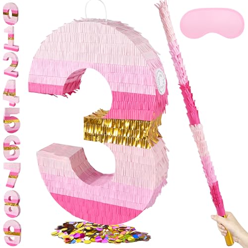 PCFING 20 Inch Number 3 Piata Pink Gold with 30 Inch Piata Stick Blindfold Confetti for Boys Girls Adults Birthday Party Decorations Anniversary Celebration Fiesta - Image 1