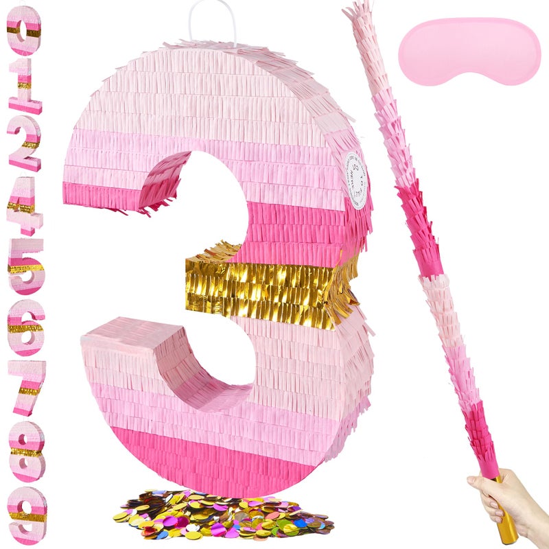 PCFING 20 Inch Number 3 Piata Pink Gold with 30 Inch Piata Stick Blindfold Confetti for Boys Girls Adults Birthday Party Decorations Anniversary Celebration Fiesta - Image 3