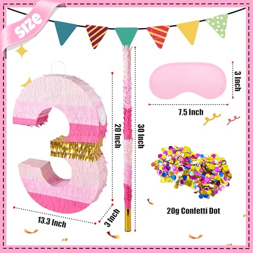 PCFING 20 Inch Number 3 Piata Pink Gold with 30 Inch Piata Stick Blindfold Confetti for Boys Girls Adults Birthday Party Decorations Anniversary Celebration Fiesta - Image 5