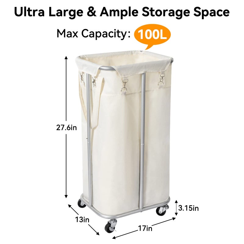 WOWLIVE 100L Rolling Laundry Hamper with Wheels Large Basket Organizer Laundry Cart with Steel Frame and Removable Bag Foldable Tall Dirty Clothes Hamper Dorm Room Storage for Bedroom (Light Beige) - Image 4