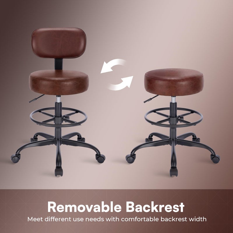 SUPERJARE Drafting Chair with Back, Adjustable Foot Rest Rolling Stool, Multi-Purpose Office Desk Chair, Thick Seat Cushion for Home Bar Kitchen Shop - Rustic Brown - Image 4