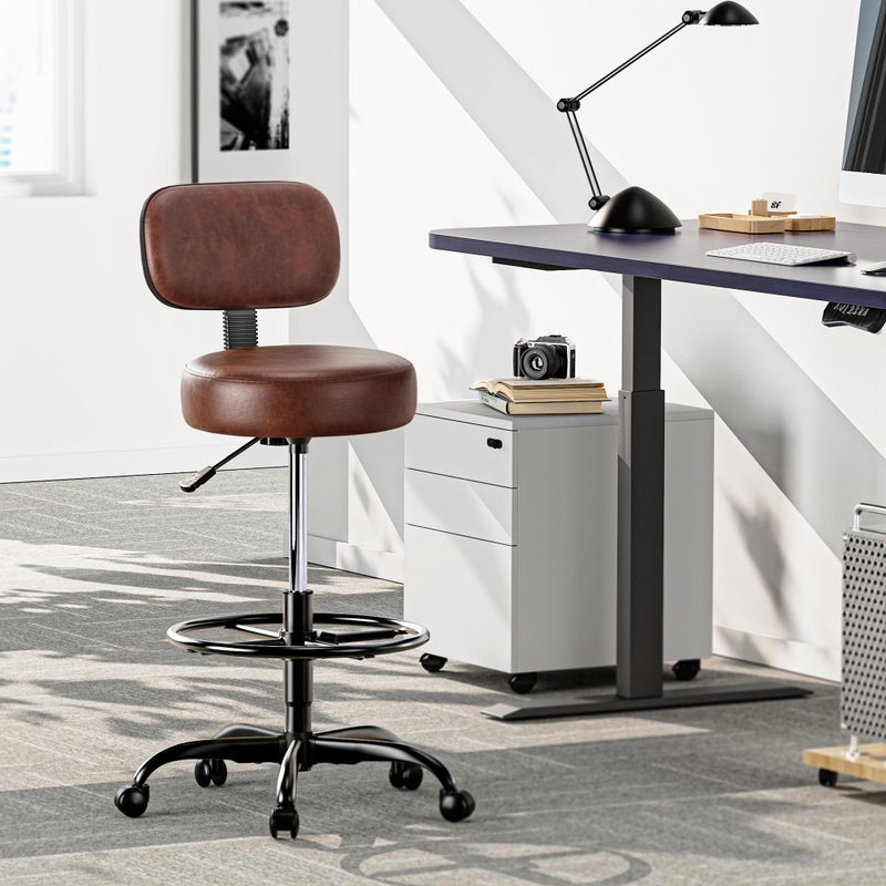 SUPERJARE Drafting Chair with Back, Adjustable Foot Rest Rolling Stool, Multi-Purpose Office Desk Chair, Thick Seat Cushion for Home Bar Kitchen Shop - Rustic Brown - Image 2