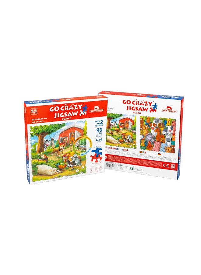 UnikPlay - ألغز جنون للأطفال والبالغين، لغز مطبوع كرتوني جذاب مع 2 صينية لغز لعمر 6 إلى 99 سنة-90 قطعة-(أصدقاء المزرعة) - Image 1
