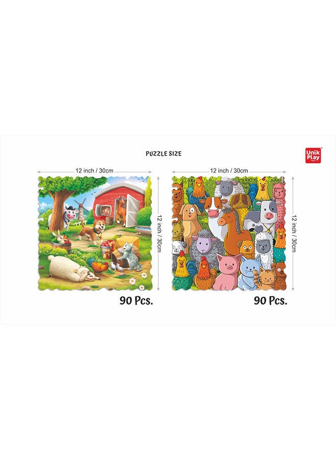 UnikPlay - ألغز جنون للأطفال والبالغين، لغز مطبوع كرتوني جذاب مع 2 صينية لغز لعمر 6 إلى 99 سنة-90 قطعة-(أصدقاء المزرعة) - Image 1