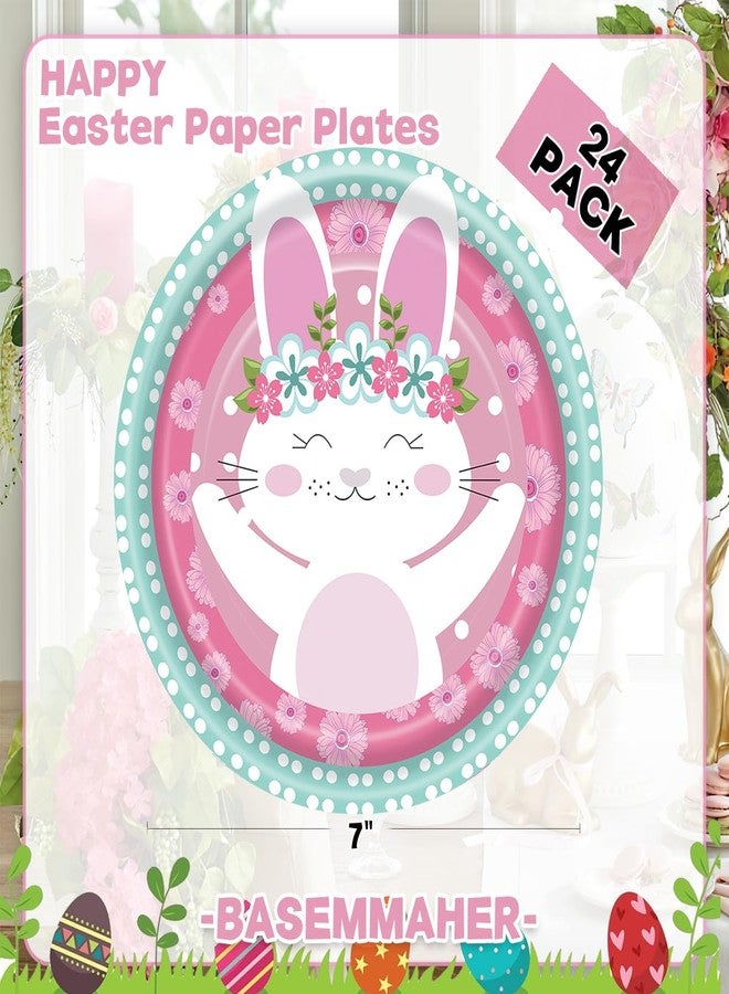 BASEMMAHER أطباق ورقية دائرية بمناسبة عيد الفصح من BASEMMAHER مزينة بأرانب وزهور 7" أطباق ملونة للزينة وأدوات مائدة للعشاء لمناسبات العطلات وربيع عيد الميلاد وحفلات أعياد الميلاد تكفي لـ 24 شخصاً - Image 2