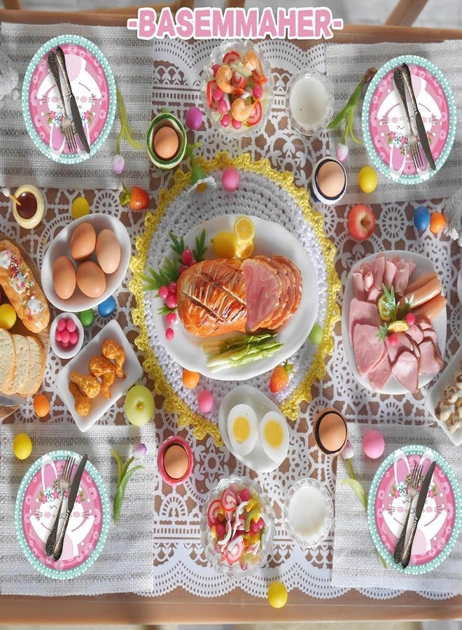 BASEMMAHER أطباق ورقية دائرية بمناسبة عيد الفصح من BASEMMAHER مزينة بأرانب وزهور 7" أطباق ملونة للزينة وأدوات مائدة للعشاء لمناسبات العطلات وربيع عيد الميلاد وحفلات أعياد الميلاد تكفي لـ 24 شخصاً - Image 4