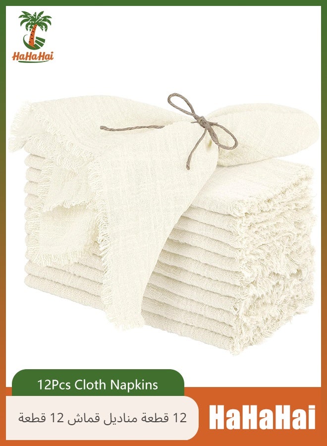 HaHaHai 12 Pieces Cotton Cloth Napkin,  17 x 17 Inch Rustic Reusable Washable Festive Square Soft Table Napkins with Fringe for Parties, Wedding, Restaurant Table Accessory(Ivory) - Image 1