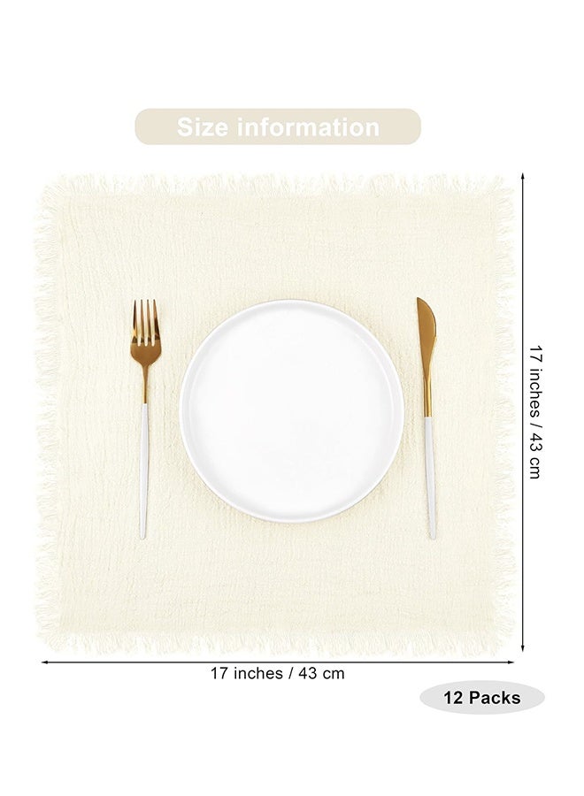 HaHaHai 12 Pieces Cotton Cloth Napkin,  17 x 17 Inch Rustic Reusable Washable Festive Square Soft Table Napkins with Fringe for Parties, Wedding, Restaurant Table Accessory(Ivory) - Image 2