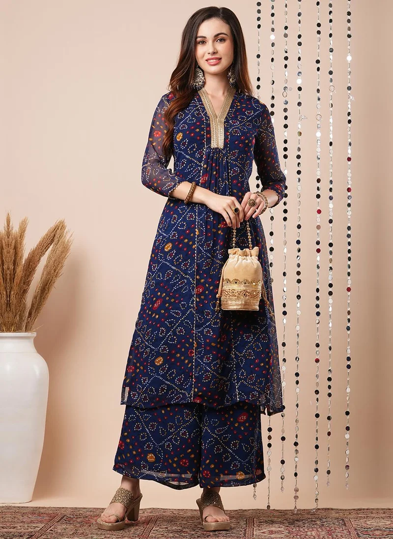 globus Globus Women's Blue Festive Kurta Set with V Neck and Bandhani Design Gotta Patti