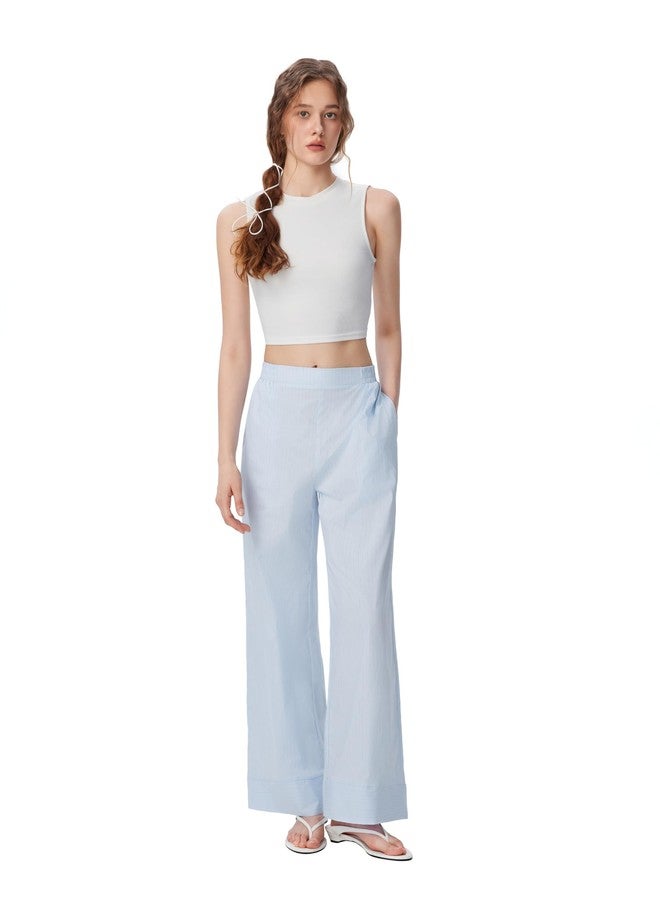 CIDER Womens Mid Waist Wide Leg Pants Striped Casual Business Bottoms with Pockets Baby Blue - Image 5