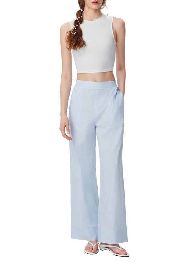CIDER Womens Mid Waist Wide Leg Pants Striped Casual Business Bottoms with Pockets Baby Blue - Image 3