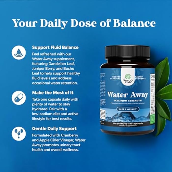 Natures Craft Water Away Herbal Diuretic Pills High Strength - Fluid Retention Supplement with Dandelion Leaf Extract & Green Tea for Bloating Relief for Women & Men - Capsules for Leg & Feet Swelling - 90 Count - Image 3