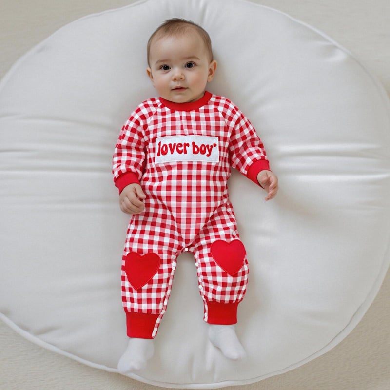 Mieeyali Baby Boy Valentines Day Outfit Lover Boy Baby Outfit Heart Romper Gingham Long Sleeve Jumpsuit Newborn Clothes (Red Lover Boy, 12-18 Months) - Image 3