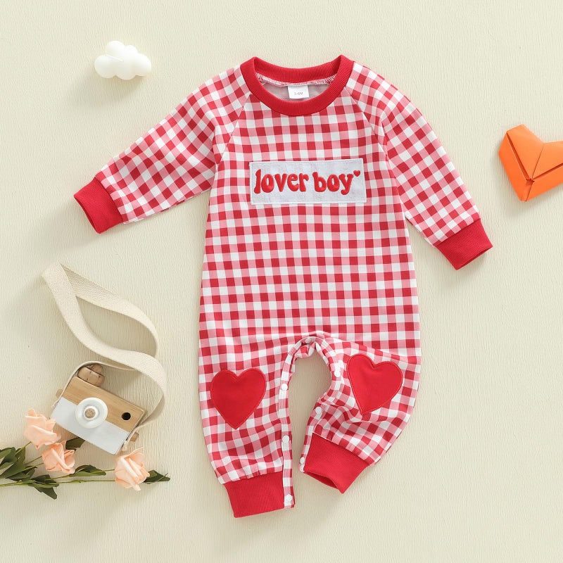 Mieeyali Baby Boy Valentines Day Outfit Lover Boy Baby Outfit Heart Romper Gingham Long Sleeve Jumpsuit Newborn Clothes (Red Lover Boy, 12-18 Months) - Image 4
