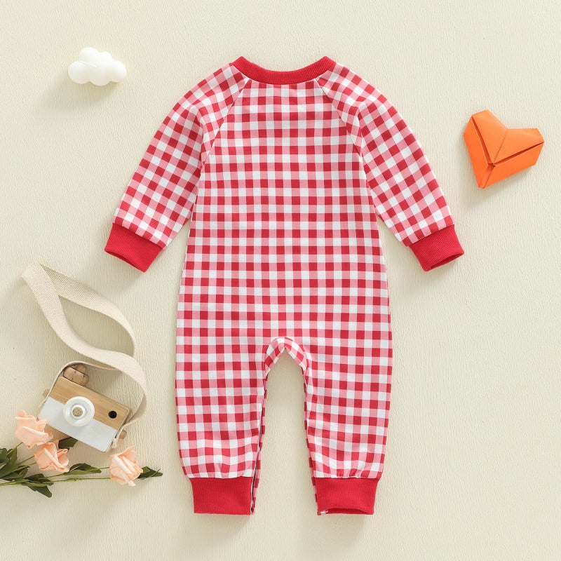 Mieeyali Baby Boy Valentines Day Outfit Lover Boy Baby Outfit Heart Romper Gingham Long Sleeve Jumpsuit Newborn Clothes (Red Lover Boy, 12-18 Months) - Image 5