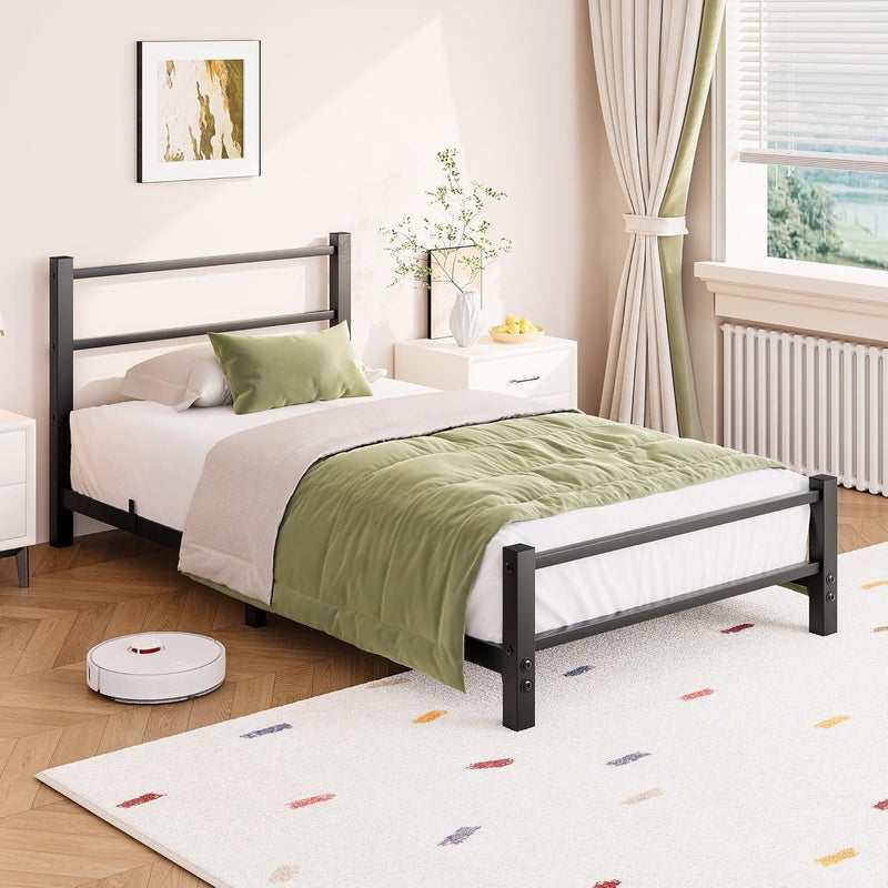 HOMERECOMMEND سرير مقاس 90 × 200 سم مع إطار معدني مضلع، 90 × 200 سم، سرير معدني، إطار سرير بسيط مع مسند للرأس، سرير ضيوف بإطار مضلع للغرفة النوم، غرفة الضيوف، أسود - Image 1