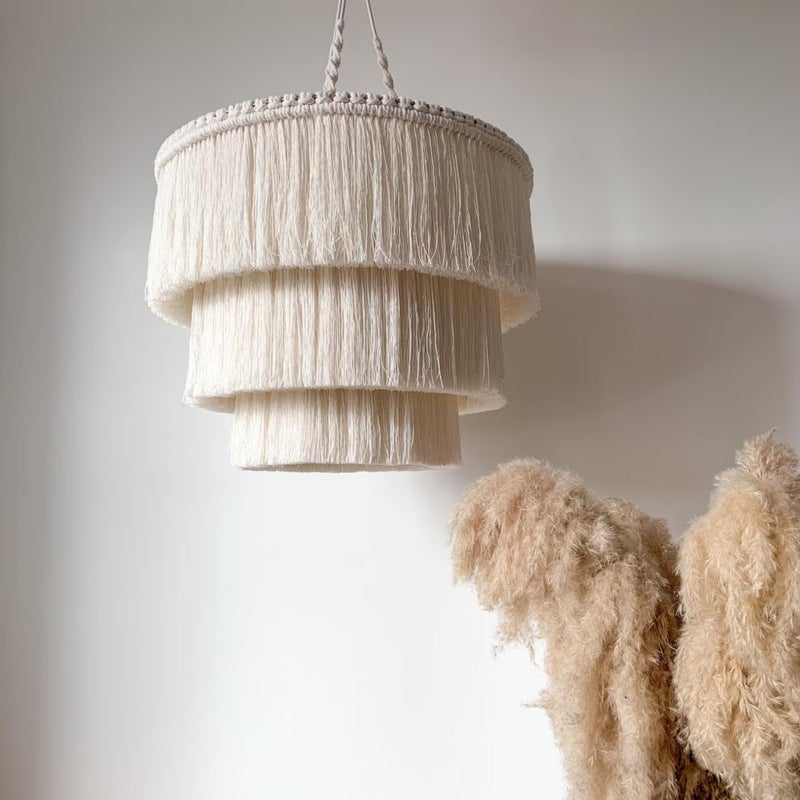 LAGOM LAGOM Boho Chandelier, Tassel Pendant Light, Fringe Chandelier. Handmade Macrame Light,Boho Light Fixture Cotton Fringes Ceiling Light 16 Inches Wide Colour Creamy White … (3-LİGHT)  - Image 1