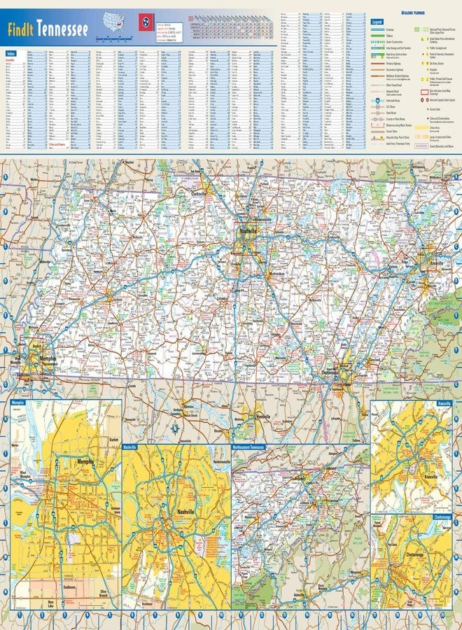 Globe Turner Tennessee State Wall Map - 20.75" x 18.5" Laminated Matte Full Color Street Map - Image 1