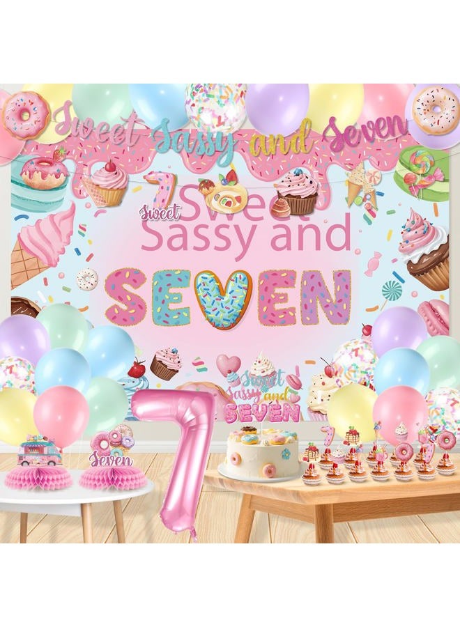 LUUFILx Donut 7th Birthday Party Decorations Sweet Sassy and Seven Birthday Decorations For Girls With Donut Banner Sweet Cake Topper Foil Balloon For 7th Donut Themed Party Decor Sweet Seven Party Supplies - Image 1