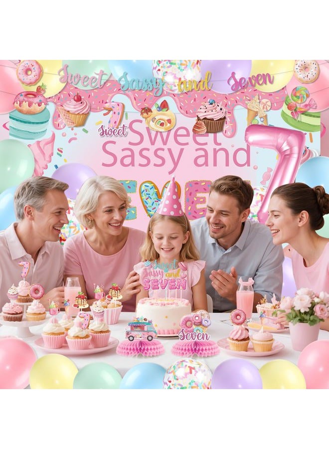 LUUFILx Donut 7th Birthday Party Decorations Sweet Sassy and Seven Birthday Decorations For Girls With Donut Banner Sweet Cake Topper Foil Balloon For 7th Donut Themed Party Decor Sweet Seven Party Supplies - Image 2