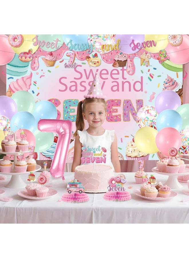 LUUFILx Donut 7th Birthday Party Decorations Sweet Sassy and Seven Birthday Decorations For Girls With Donut Banner Sweet Cake Topper Foil Balloon For 7th Donut Themed Party Decor Sweet Seven Party Supplies - Image 3
