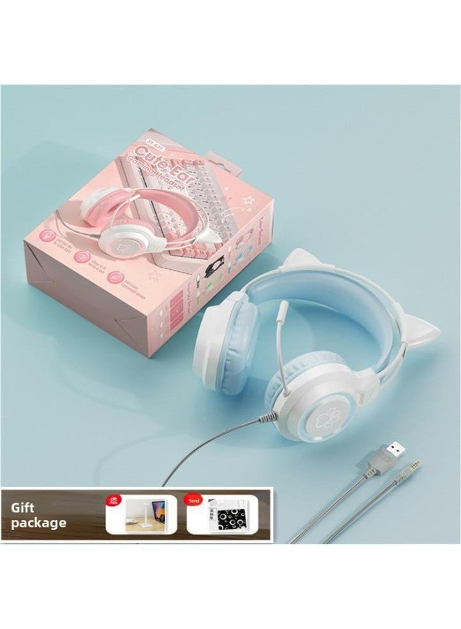Computer Headset Wired Noise Reduction Game Cat Ear Magic Color Electronic Competition Desktop Notebook With Microphone Microphone-Color:Snow Blue With Cat Ears★Support★Mouse Pad (wired Version)★Rgb Lighting Effect★Hifi Sound Quality★Comes With One Point And Two Lines)  - Image 1