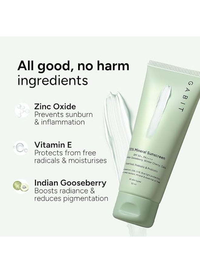 Gabit 100% Mineral Sunscreen SPF 50 PA++++ | Water & Sweat Resistant, UVA/B & Blue Light Protection | No White Cast | Vit E, Gooseberry, Winter Cherry | Normal, Oily, Dry Skin Types | Oil free | 50ml | Pack of 2 - Image 3