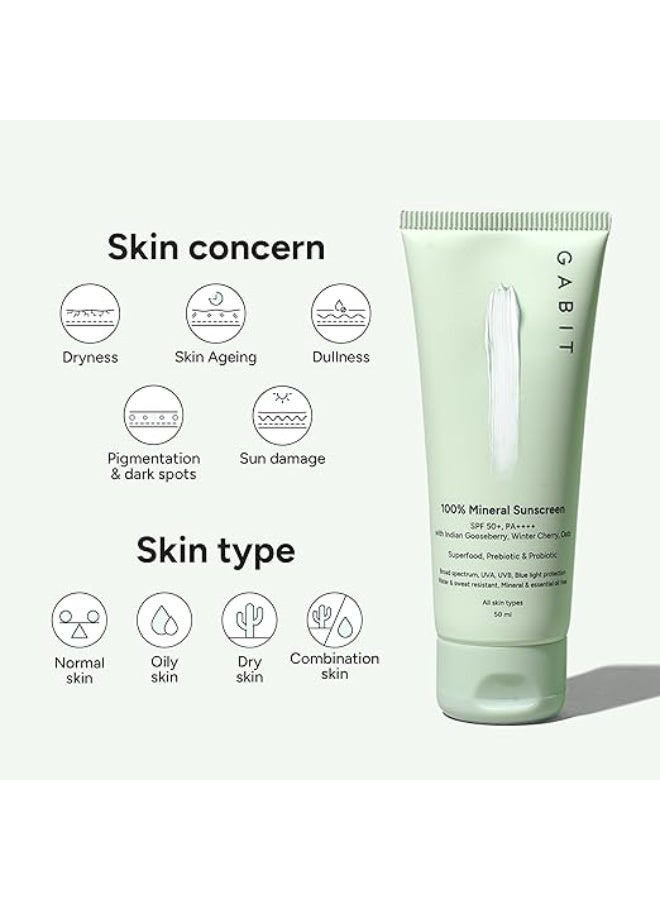 Gabit 100% Mineral Sunscreen SPF 50 PA++++ | Water & Sweat Resistant, UVA/B & Blue Light Protection | No White Cast | Vit E, Gooseberry, Winter Cherry | Normal, Oily, Dry Skin Types | Oil free | 50ml | Pack of 2 - Image 2