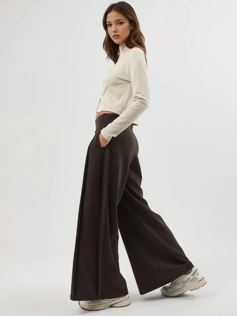 Busem Coffee Brown BUSEM Wide Leg Pleated Pants for Women | Best Price UAE