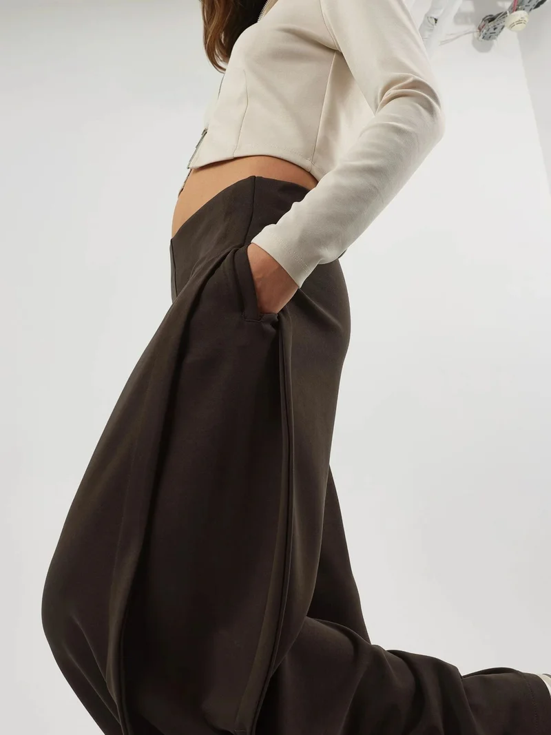 Busem Coffee Brown BUSEM Wide Leg Pleated Pants for Women | Best Price UAE