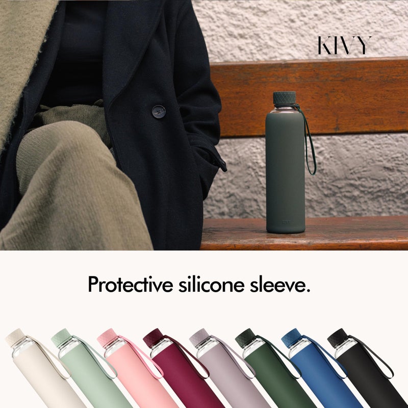 KIVY Glass Water Bottle with Silicone Sleeve 32 oz [WITH MEASUREMENT] - Borosilicate Glass Water Bottle Screw Top - Clear Bottles with Measurement Marking - Slim Waterbottle Aesthetic - Taupe - Image 4