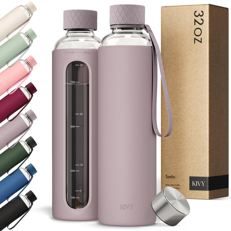 KIVY Glass Water Bottle with Silicone Sleeve 32 oz [WITH MEASUREMENT] - Borosilicate Glass Water Bottle Screw Top - Clear Bottles with Measurement Marking - Slim Waterbottle Aesthetic - Taupe - Image 1
