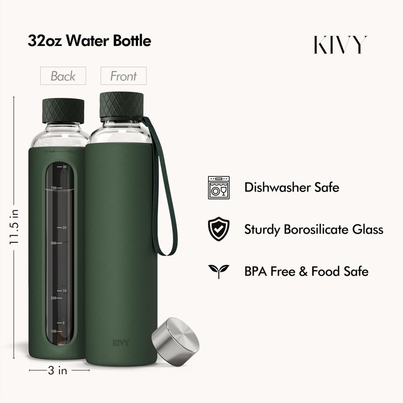 KIVY Glass Water Bottle with Silicone Sleeve 32 oz [WITH MEASUREMENT] - Borosilicate Glass Water Bottle Screw Top - Clear Bottles with Measurement Marking - Slim Waterbottle Aesthetic - Taupe - Image 3