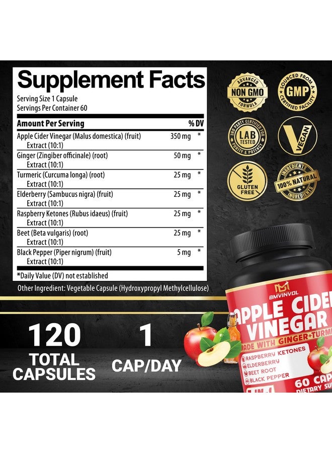 BMVINVOL BMVINVOL (2 Packs) Apple Cider Vinegar Capsules with Ginger, Turmeric, Elderberry, Raspberry Ketones, Beet Root, Black Pepper - 7in1 for Supports Digestion, Detox & Immune - 4 Months Supply - Image 2