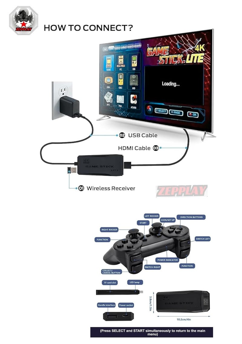 Zepplay Wireless Retro Video Game Stick | Plug & Play HDMI Console for TV with 2 Controllers | Built-in 10,000+ Classic Games - Image 4