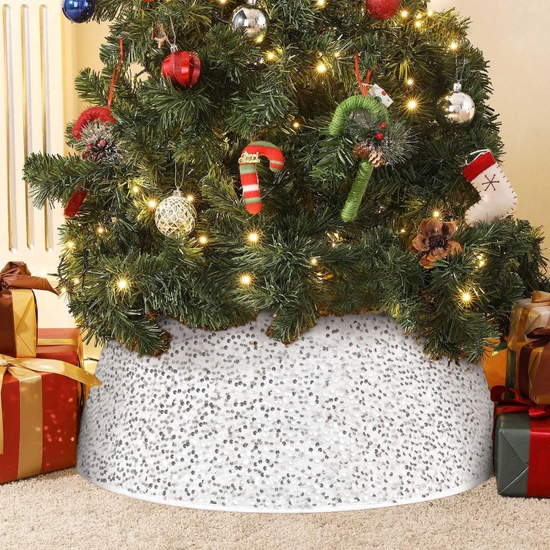 Christmas Tree Collar with Sparkling Sequin Tree Skirt 23.6in Round Sparkle Christmas Tree Base Velvet Tree Skirts Xmas Tree Trunk Cover for Holiday Christmas Home Decor (White) - Image 5