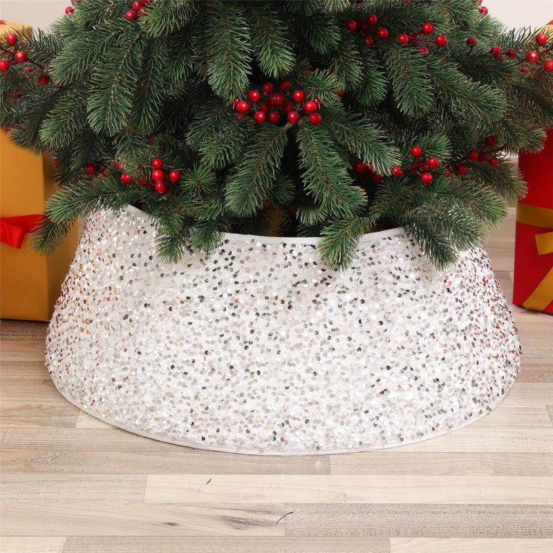 Christmas Tree Collar with Sparkling Sequin Tree Skirt 23.6in Round Sparkle Christmas Tree Base Velvet Tree Skirts Xmas Tree Trunk Cover for Holiday Christmas Home Decor (White) - Image 4