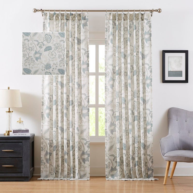 Kayne Studio Floral Leaf Print Light Filtering Curtains Blue Grey Botanical Leaf Flower Farmhouse Drapes Semi Sheer Window Treatment Set for Living Room Bedroom Pinch Pleated BackTab,40"x90",2 Panels - Image 1