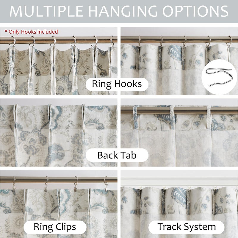Kayne Studio Floral Leaf Print Light Filtering Curtains Blue Grey Botanical Leaf Flower Farmhouse Drapes Semi Sheer Window Treatment Set for Living Room Bedroom Pinch Pleated BackTab,40"x90",2 Panels - Image 3